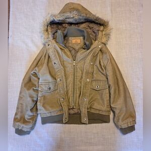 Kids Tan Corduroy Jacket with Faux Fur Hood